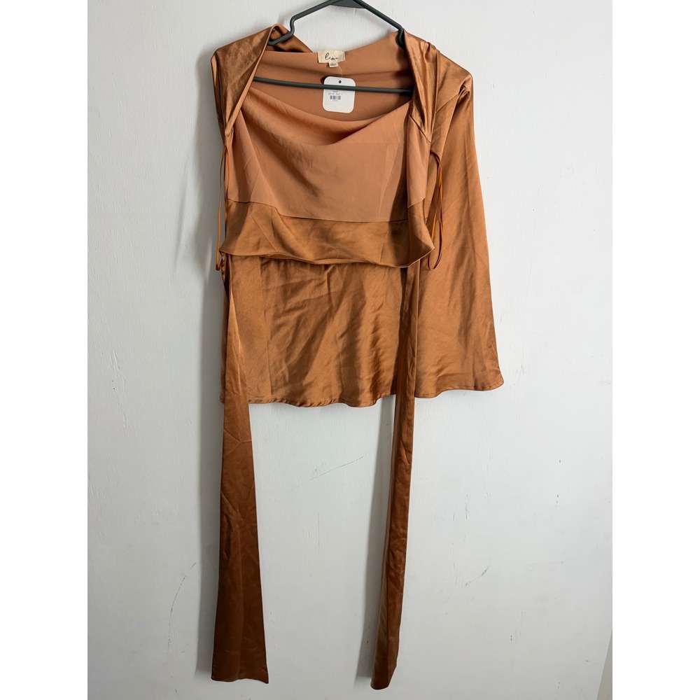 Lena Nevaeh Couture Maddie Rust Satin Cowl Neck Wrap Tie Top L NEW